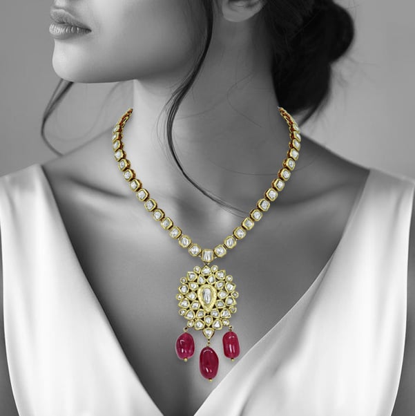 Polki Diamond Necklace with Floral Pendant and Tourmaline Drops